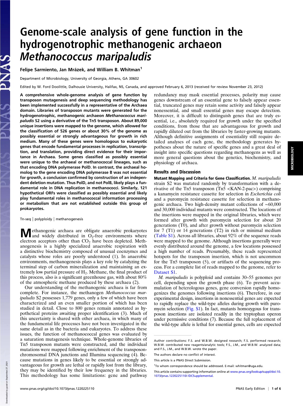 Genome-Scale Analysis of Gene Function in the Hydrogenotrophic Methanogenic Archaeon Methanococcus Maripaludis