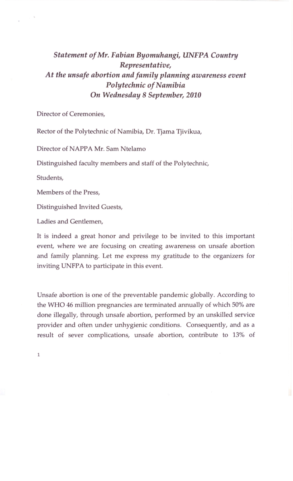 Statement of Mr. Fabian Byomuhangi, UNFPA Country Representative, At
