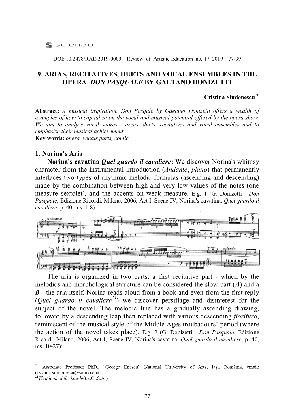 9. Arias, Recitatives, Duets and Vocal Ensembles in the Opera Don Pasquale by Gaetano Donizetti