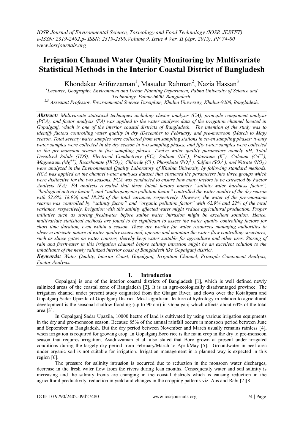 Irrigation Channel Water Quality Monitoring by Multivariate Statistical Methods in the Interior Coastal District of Bangladesh