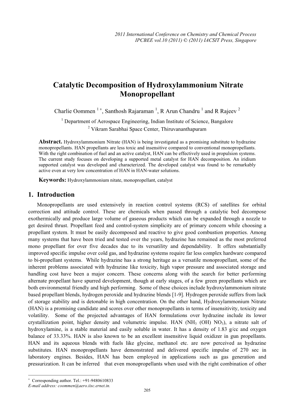 Catalytic Decomposition of Hydroxylammonium Nitrate Monopropellant