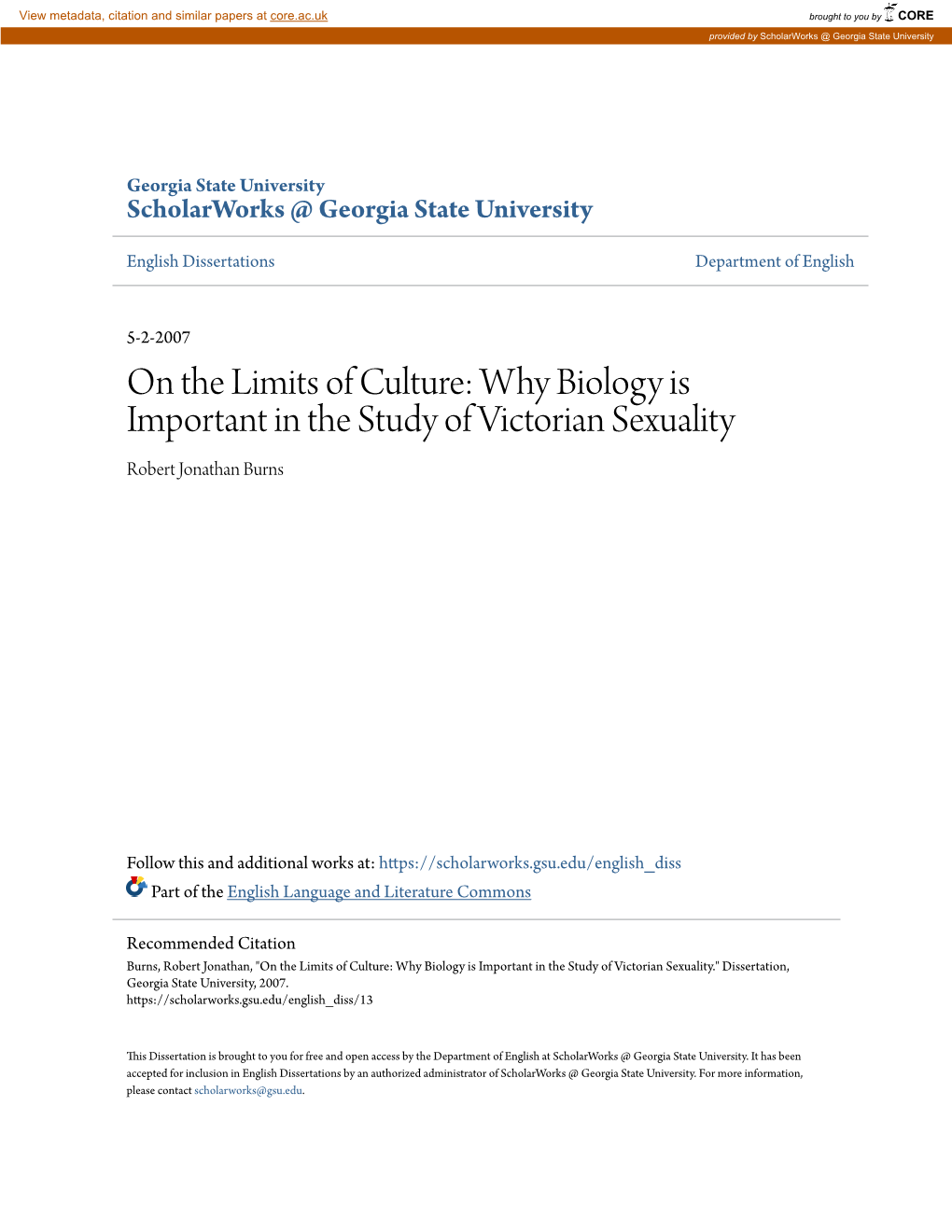 On the Limits of Culture: Why Biology Is Important in the Study of Victorian Sexuality Robert Jonathan Burns