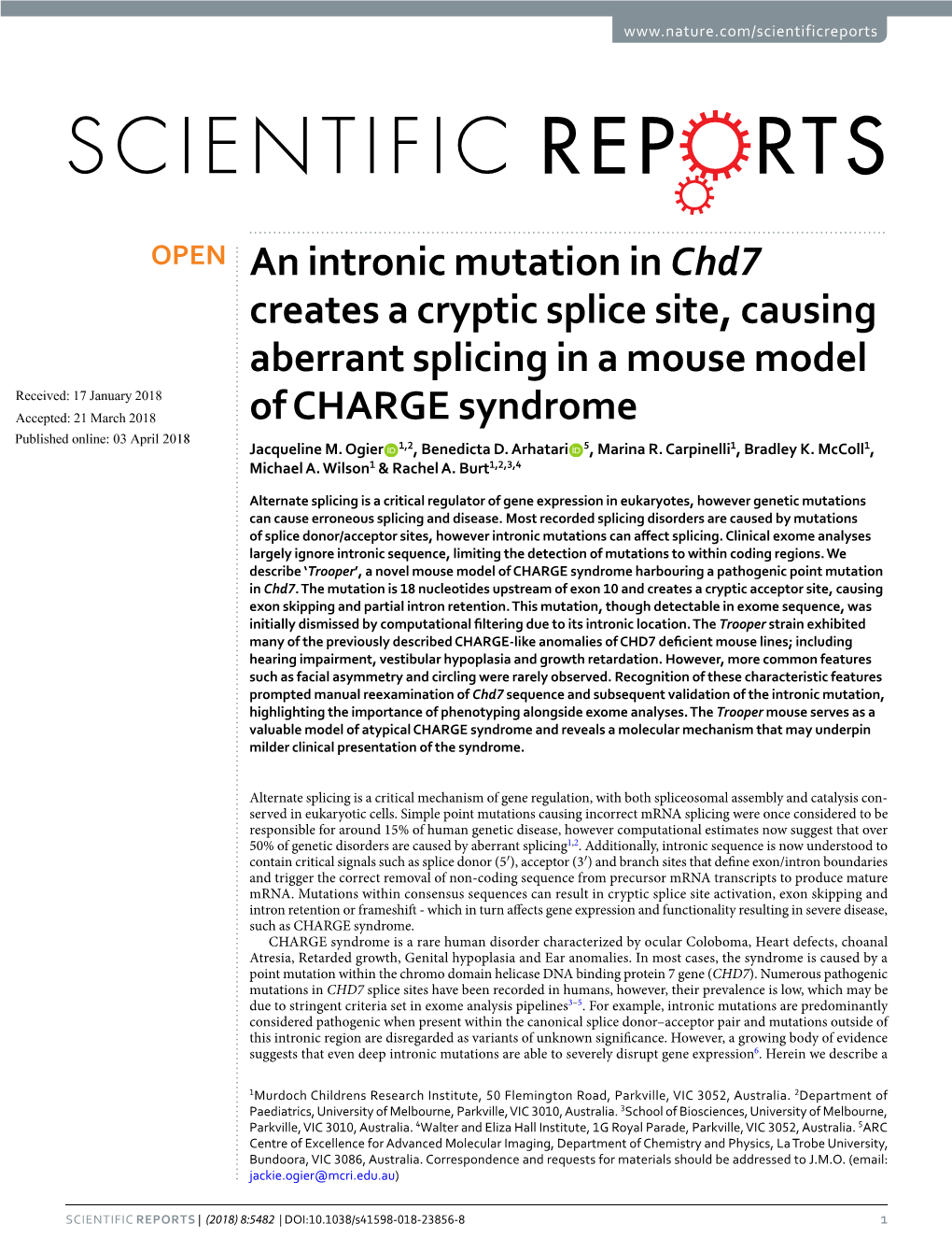 An Intronic Mutation in Chd7 Creates a Cryptic Splice