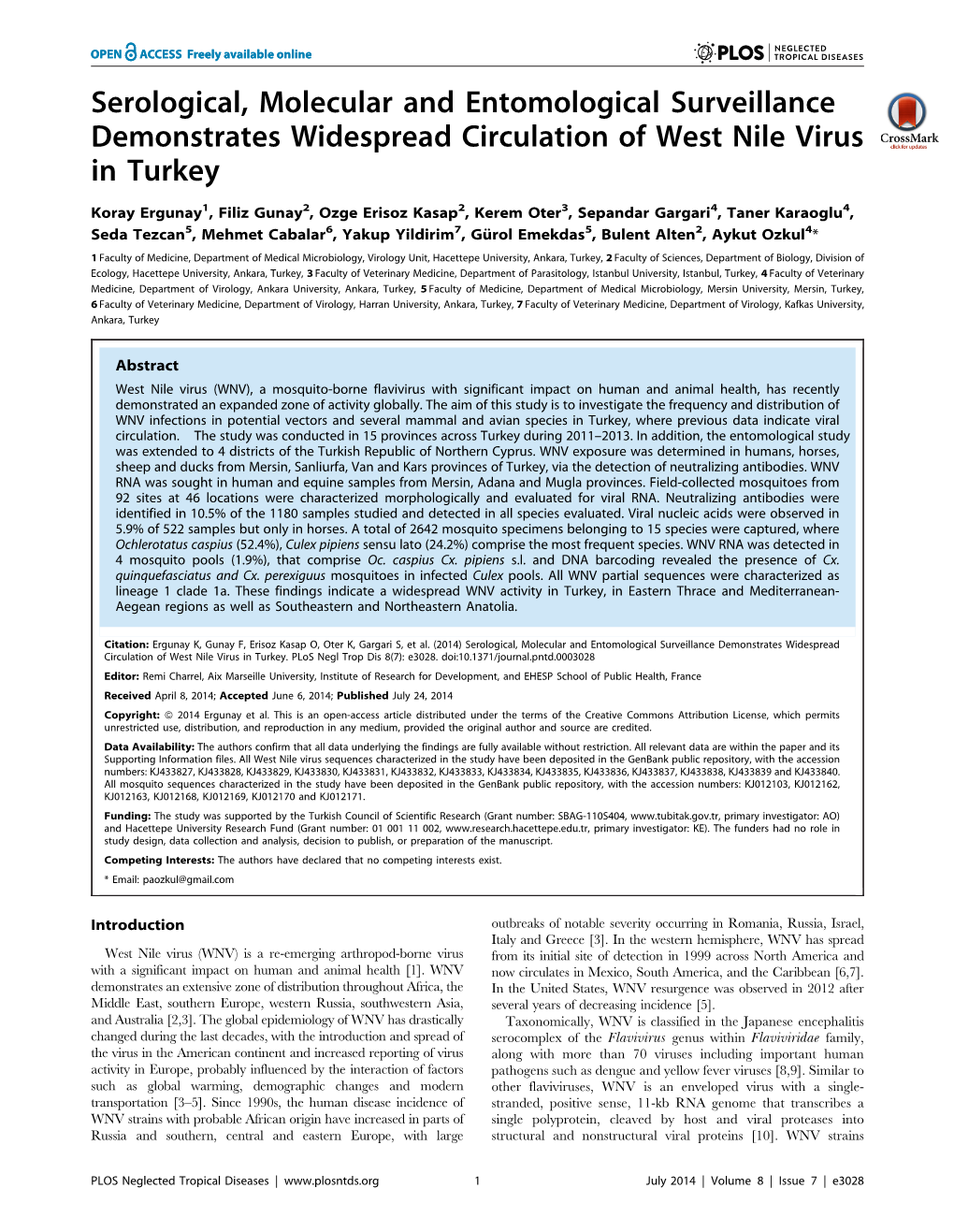 Serological, Molecular and Entomological Surveillance Demonstrates Widespread Circulation of West Nile Virus in Turkey