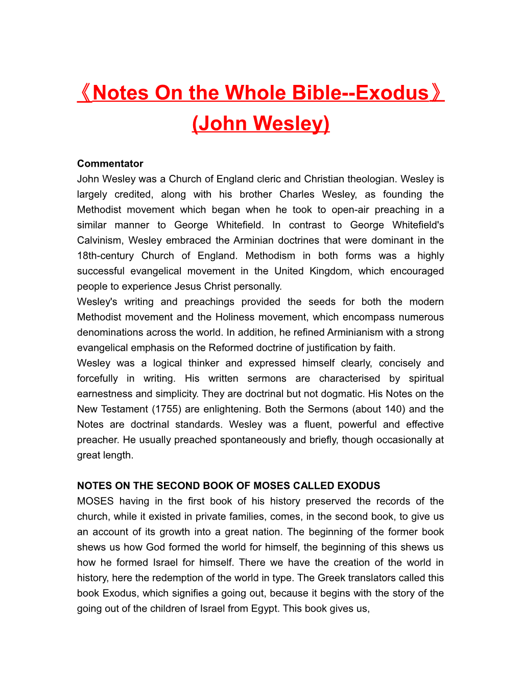 Notes on the Whole Bible Exodus (John Wesley)