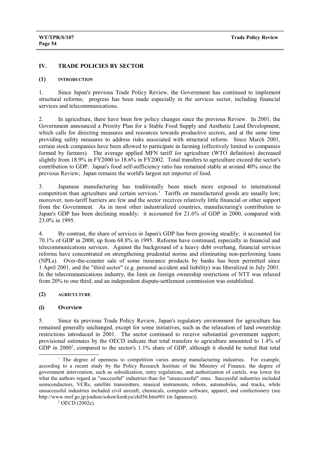 IV. Trade Policies by Sector s9