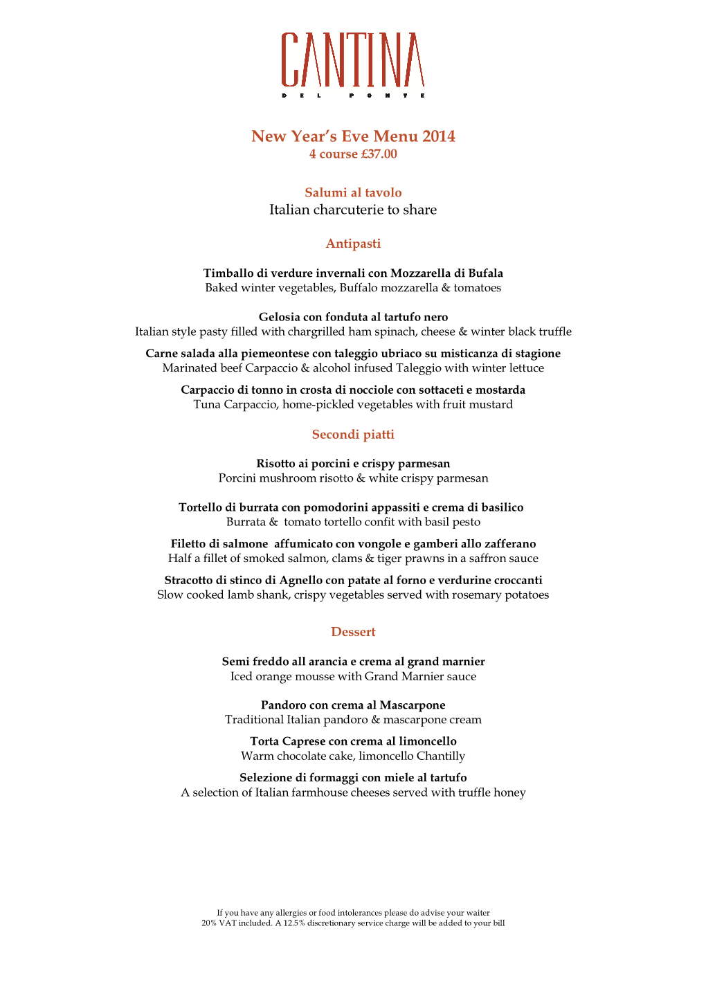 New Year's Eve Menu 2014