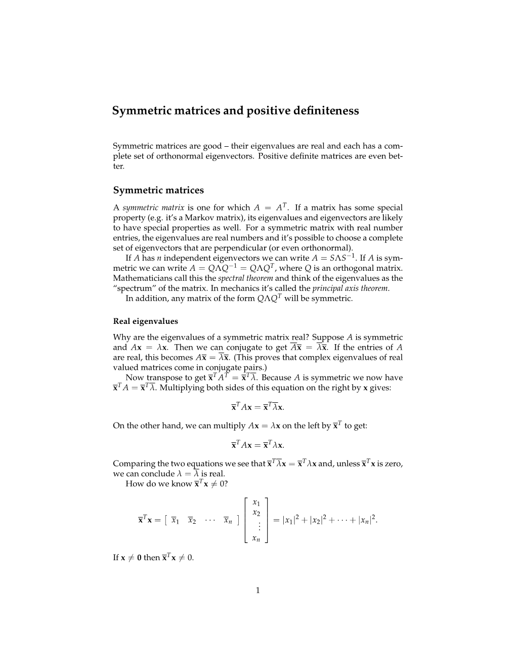 Symmetric Matrices and Positive Definiteness