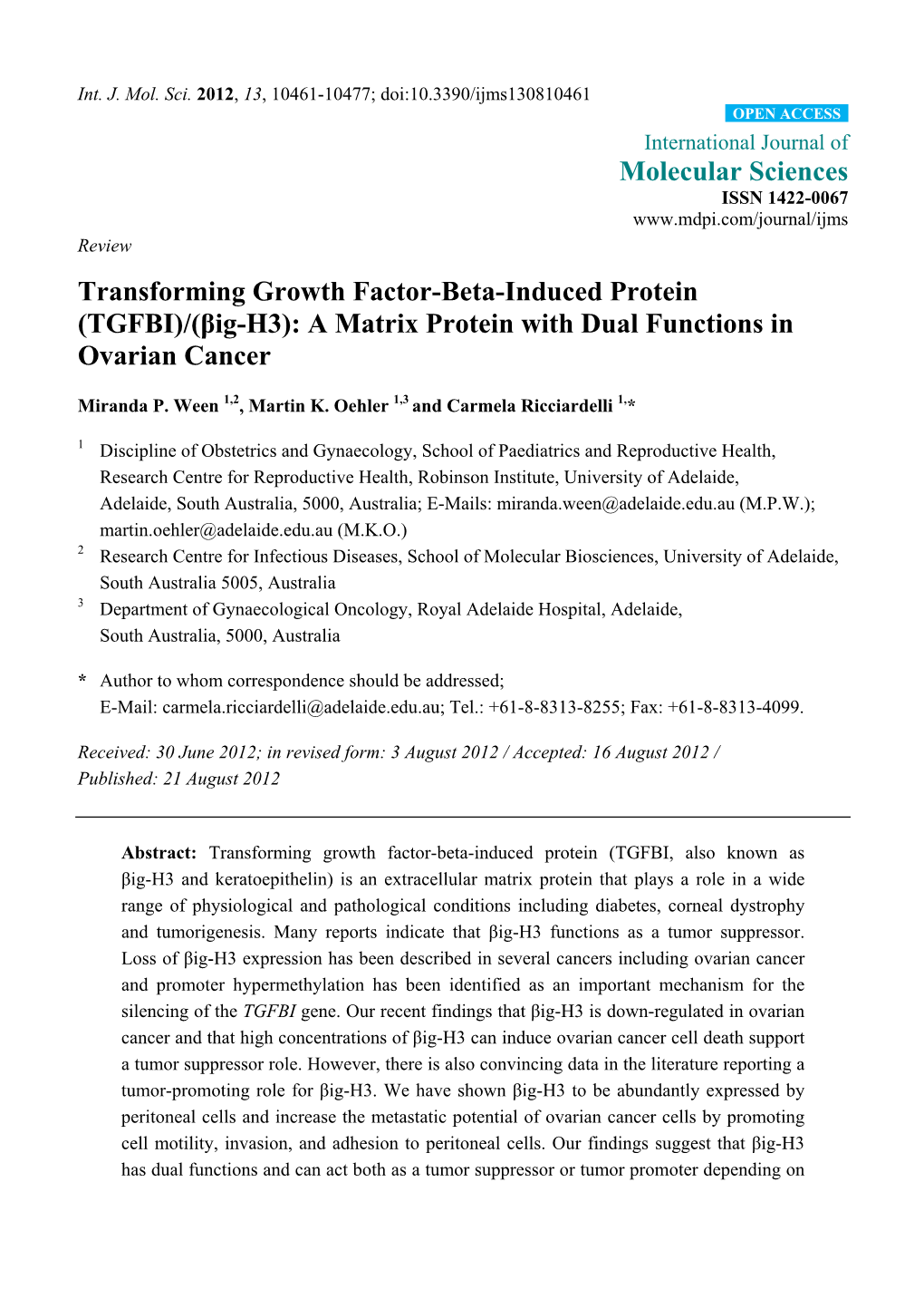 (Βig-H3): a Matrix Protein with Dual Functions in Ovarian Cancer