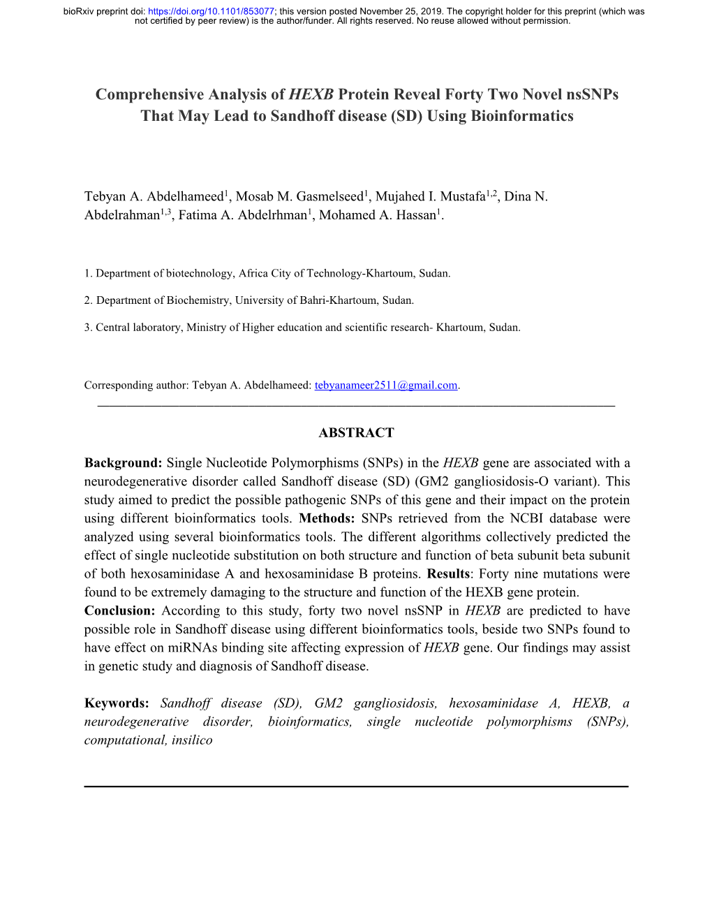 Comprehensive Analysis of HEXB Protein Reveal Forty Two Novel Nssnps That May Lead to Sandhoff Disease (SD) Using Bioinformatics