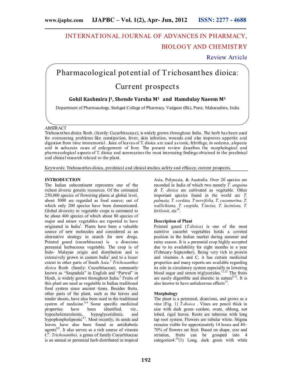 Pharmacological Potential of Trichosanthes Dioica: Current Prospects