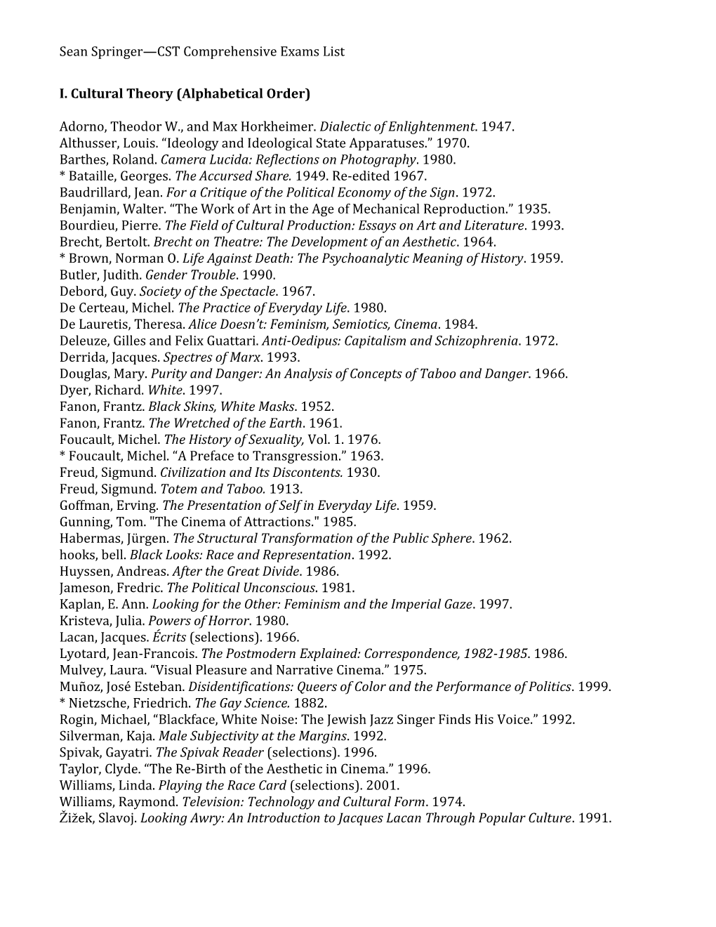 Sean Springer—CST Comprehensive Exams List I. Cultural Theory (Alphabetical Order) Adorno, Theodor W., and Max Horkheimer