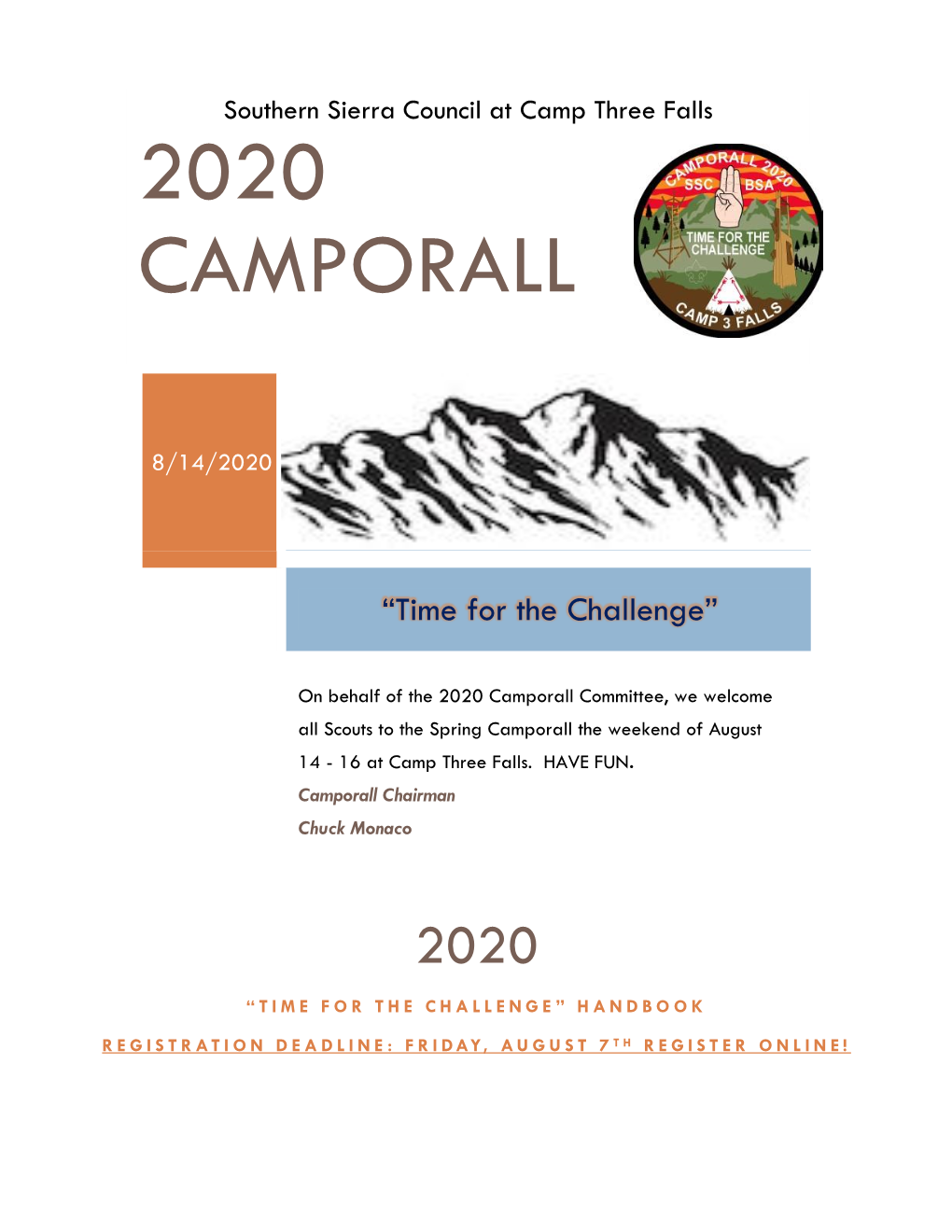 2020 Camporall Committee, We Welcome All Scouts to the Spring Camporall the Weekend of August 14 - 16 at Camp Three Falls