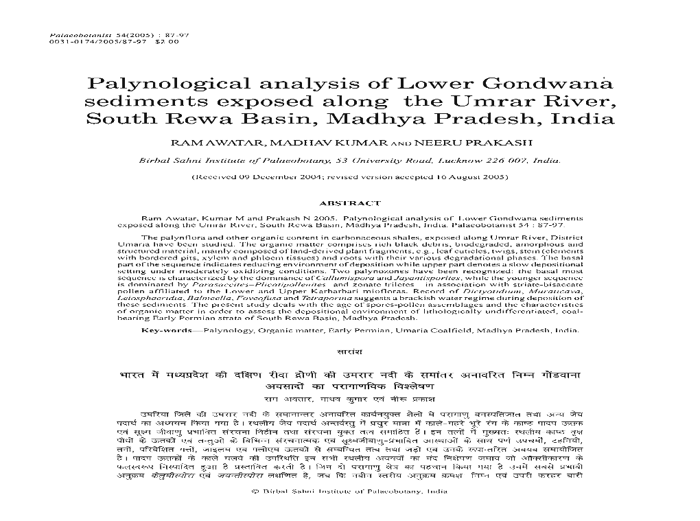 Palynological Analysis of Lower Gondwana Sediments Exposed Along the Umrar River, South Rewa Basin, Madhya Pradesh, India