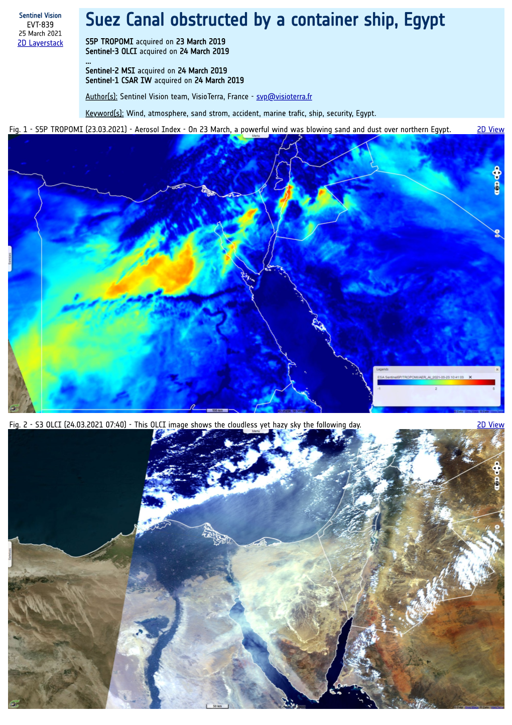 Suez Canal Obstructed by a Container Ship, Egypt 25 March 2021 2D Layerstack S5P TROPOMI Acquired on 23 March 2019 Sentinel-3 OLCI Acquired on 24 March 2019