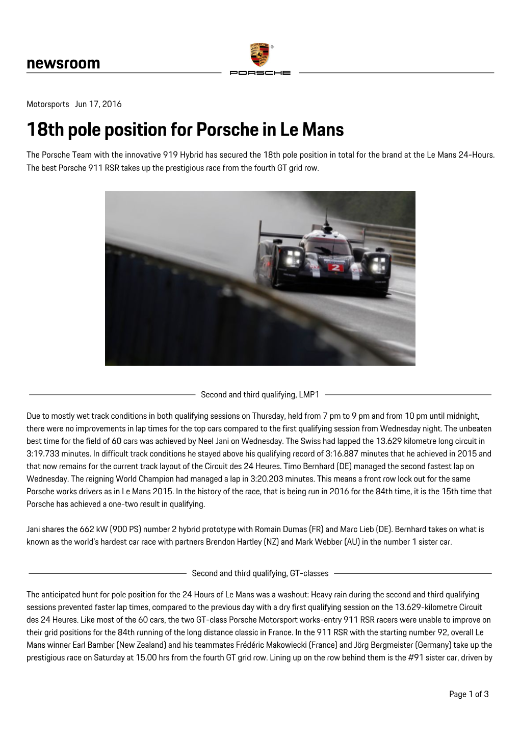 18Th Pole Position for Porsche in Le Mans