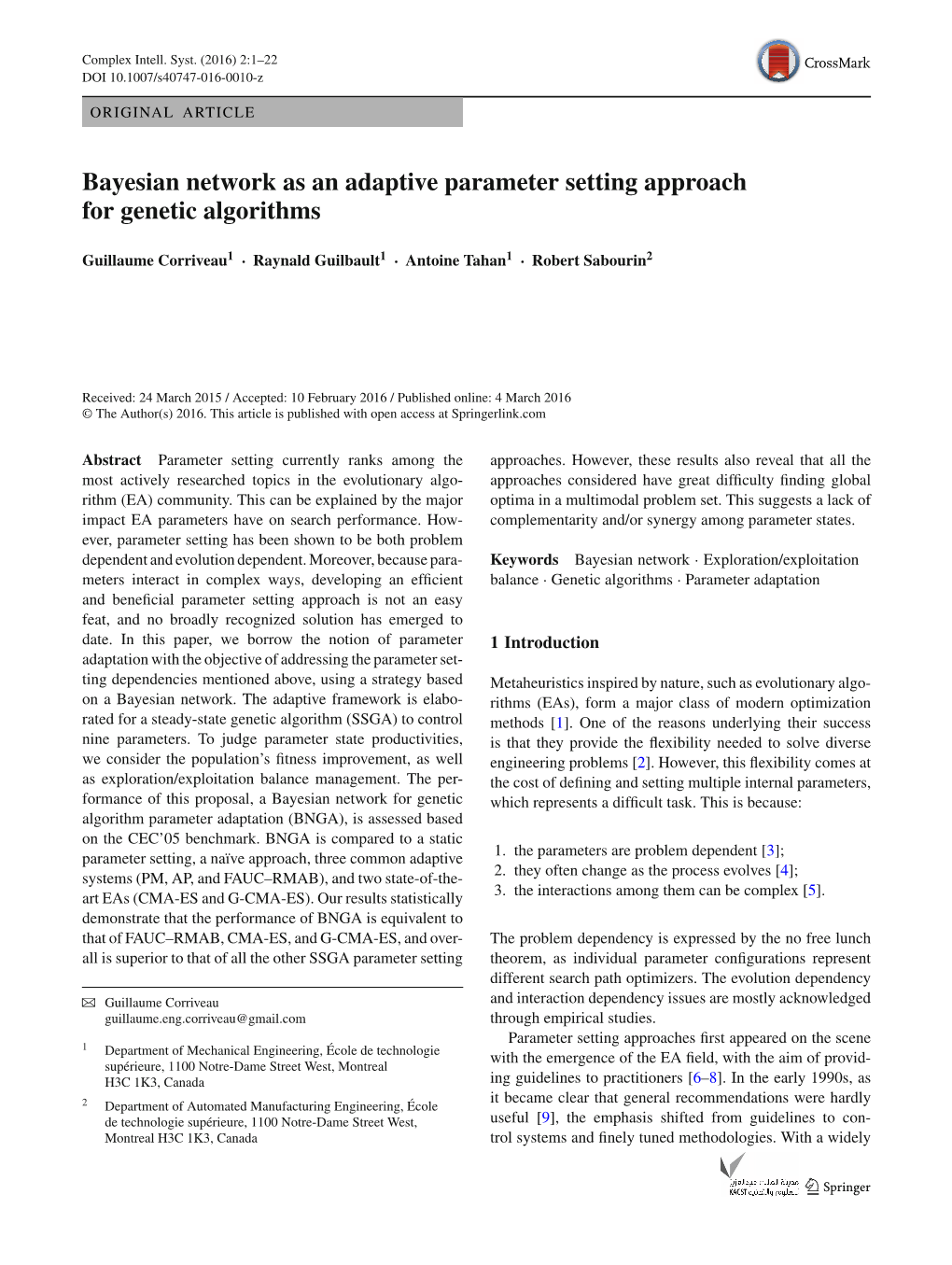 Bayesian Network As an Adaptive Parameter Setting Approach for Genetic Algorithms