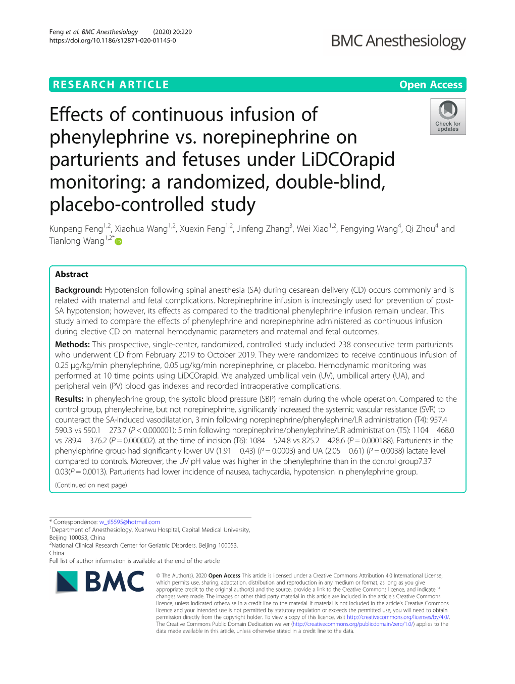 Effects of Continuous Infusion of Phenylephrine Vs. Norepinephrine