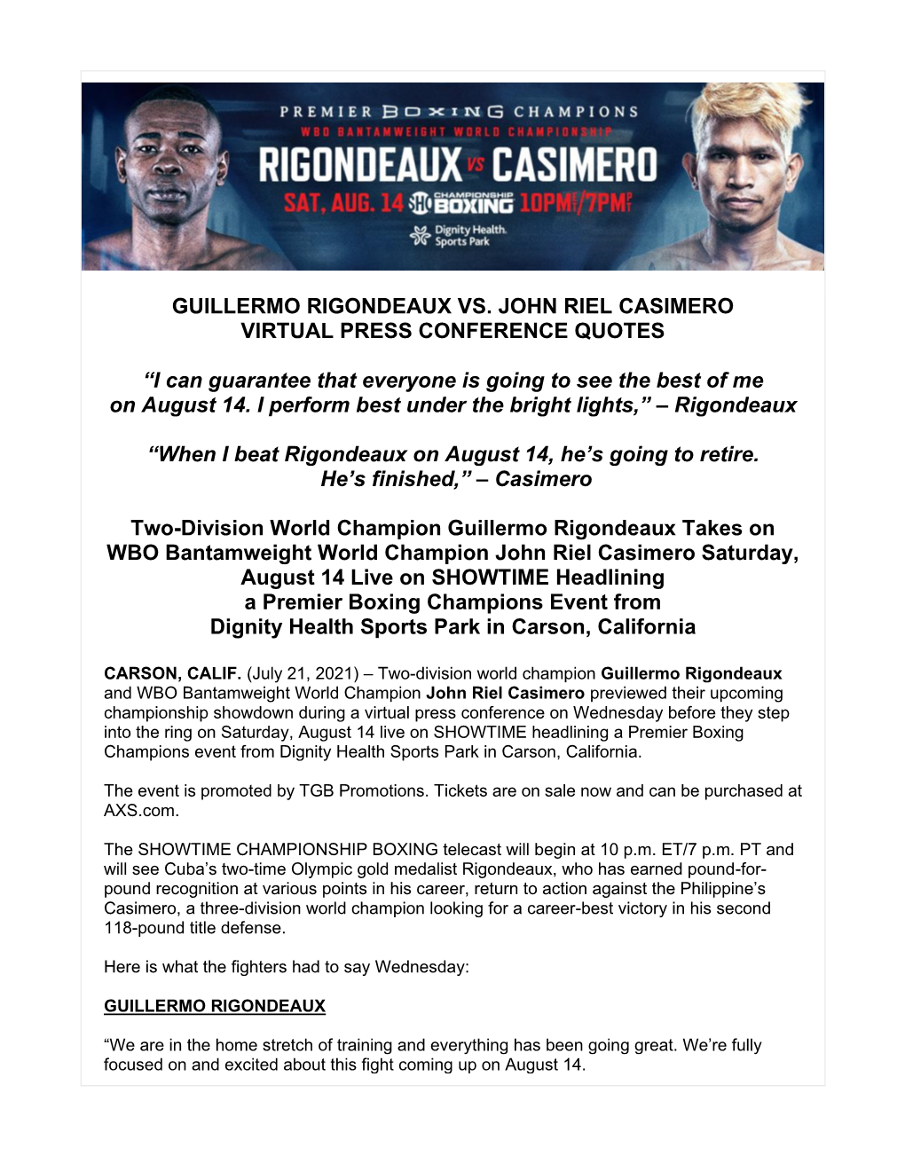 Guillermo Rigondeaux Vs. John Riel Casimero Virtual Press Conference Quotes