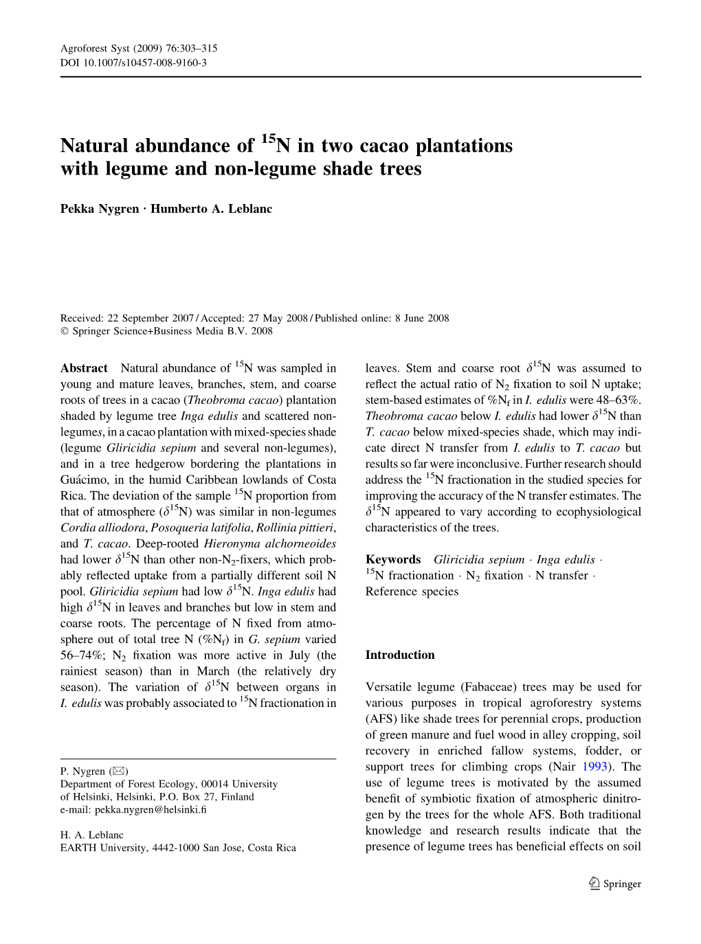 Natural Abundance of N in Two Cacao Plantations with Legume and Non-Legume Shade Trees