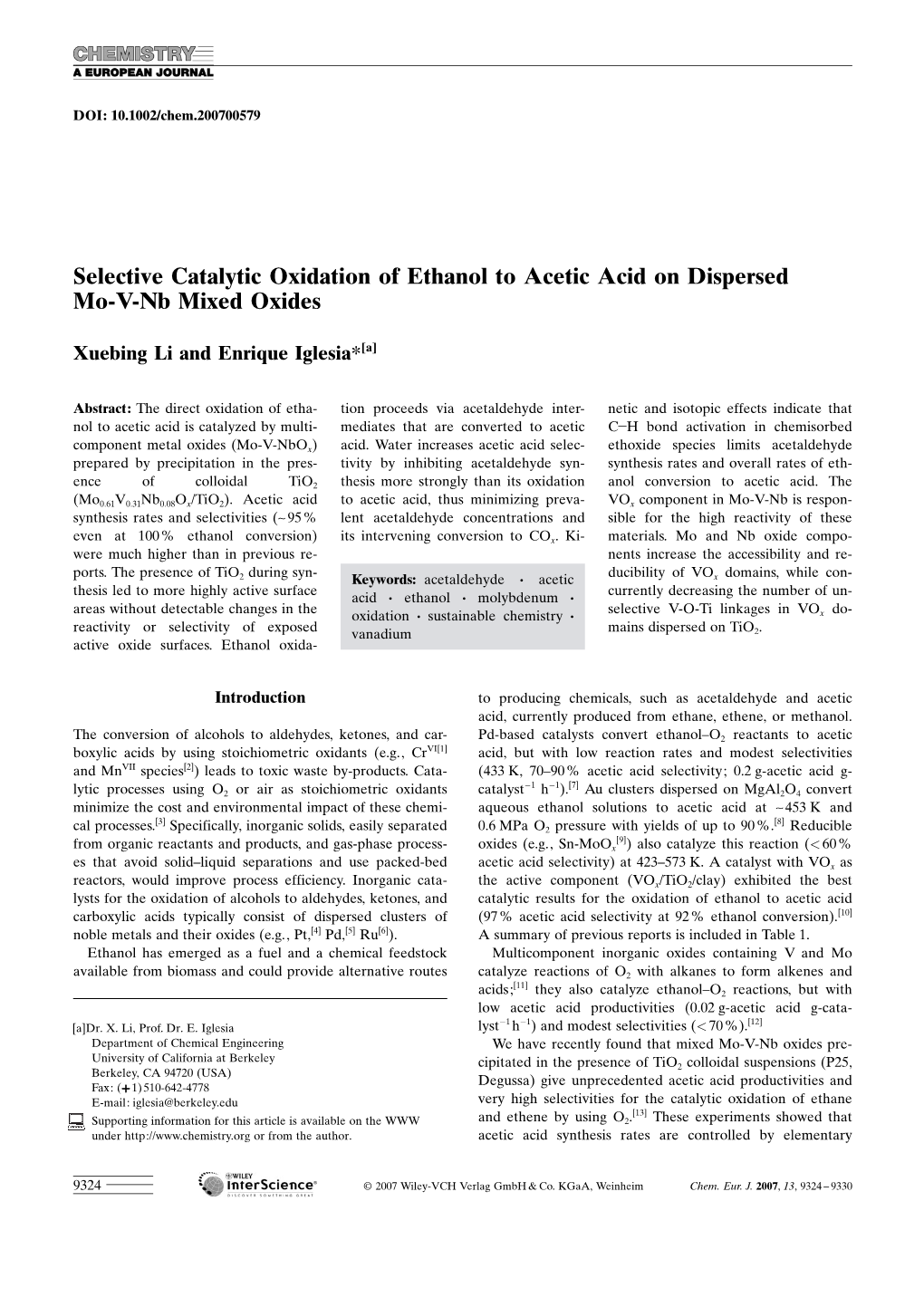 Selective Catalytic Oxidation of Ethanol to Acetic Acid on Dispersed Mo-V-Nb Mixed Oxides