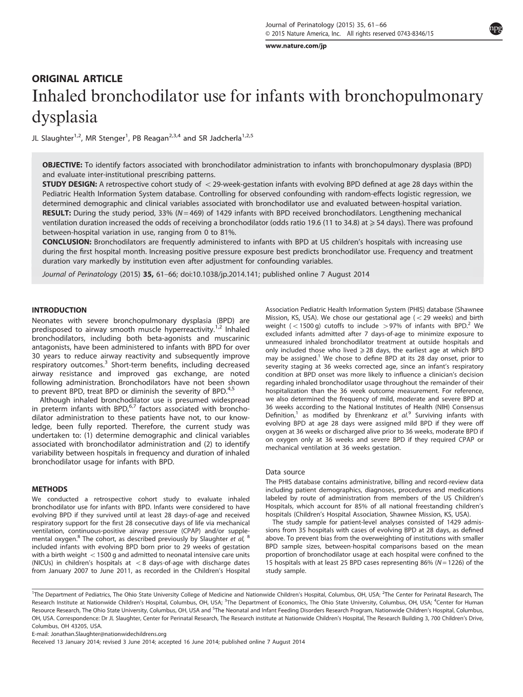 Inhaled Bronchodilator Use for Infants with Bronchopulmonary Dysplasia