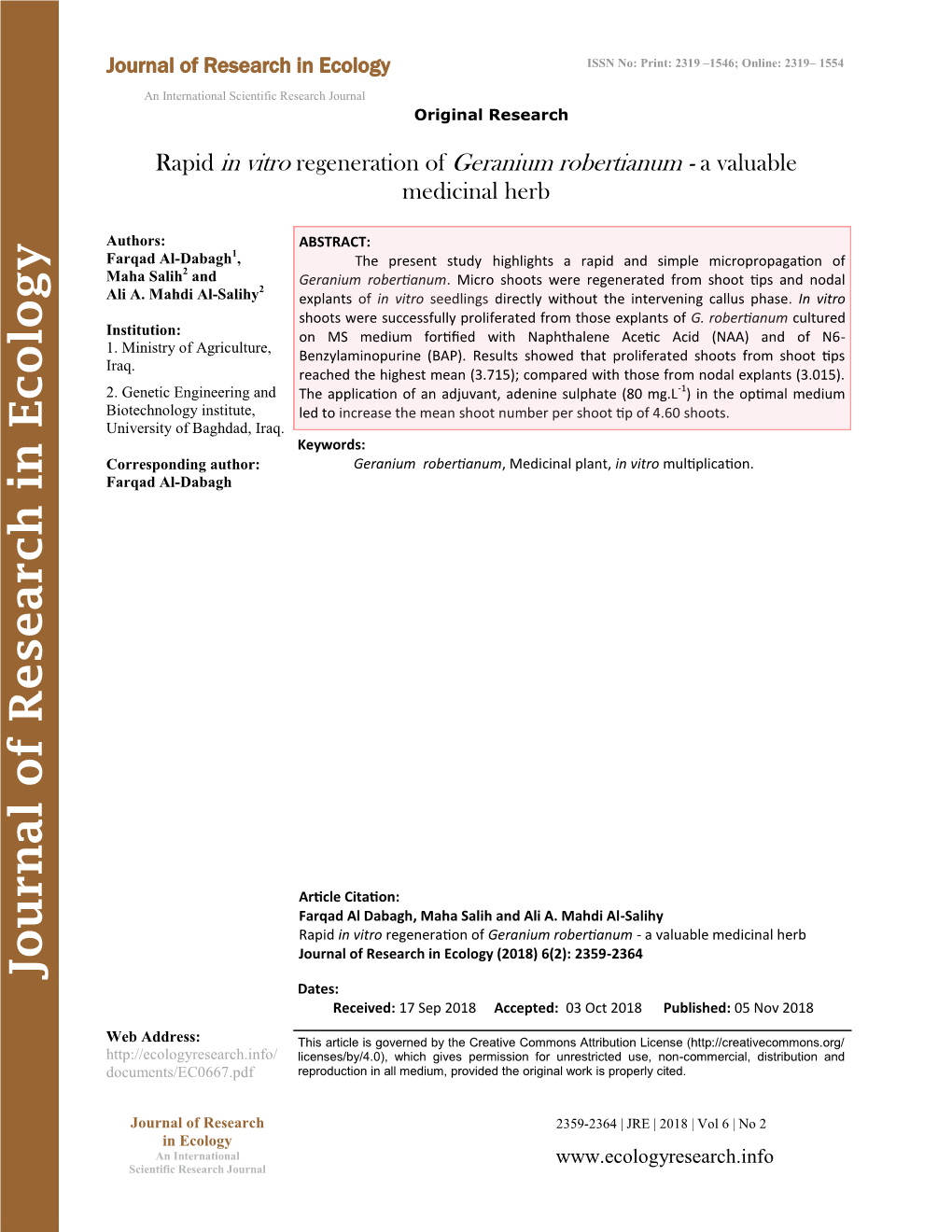 Journ Al of Research in Ecology