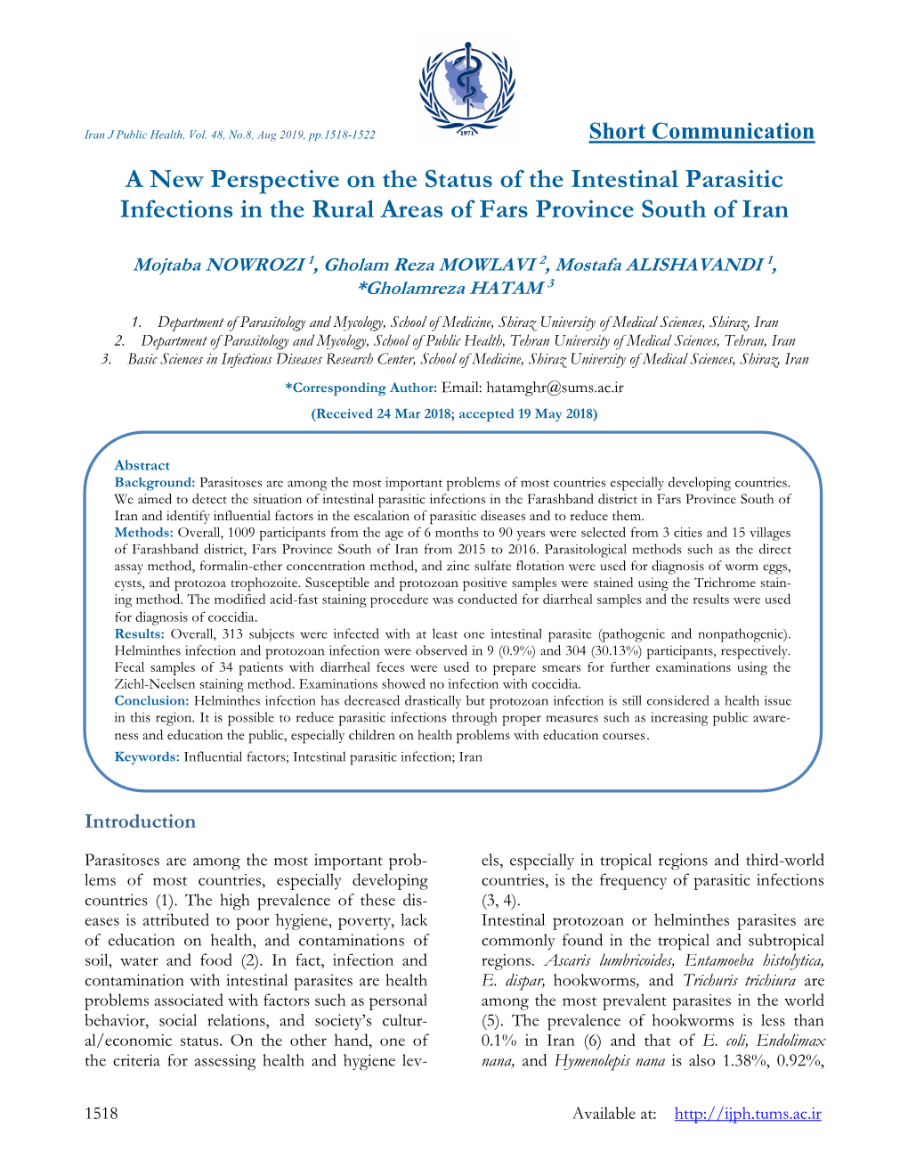 A New Perspective on the Status of the Intestinal Parasitic Infections in the Rural Areas of Fars Province South of Iran