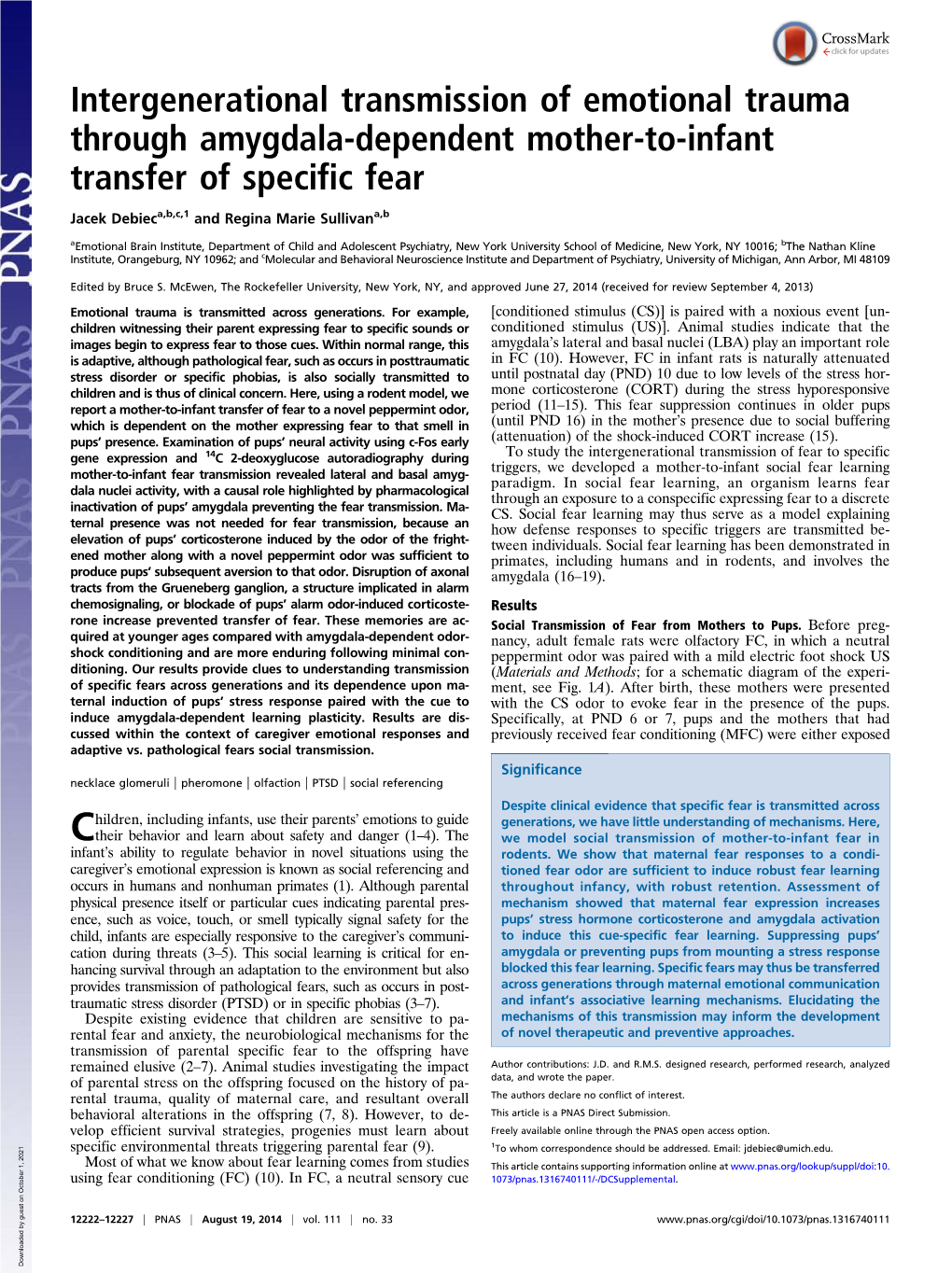 Intergenerational Transmission of Emotional Trauma Through Amygdala-Dependent Mother-To-Infant Transfer of Specific Fear