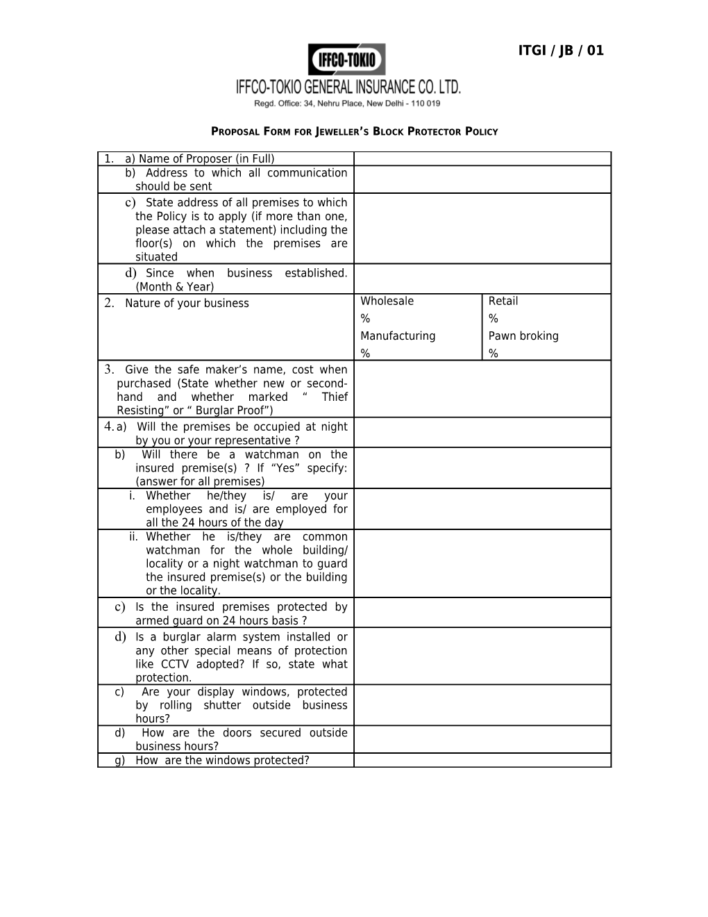 Proposal Form for Jeweller S Block Protector Policy