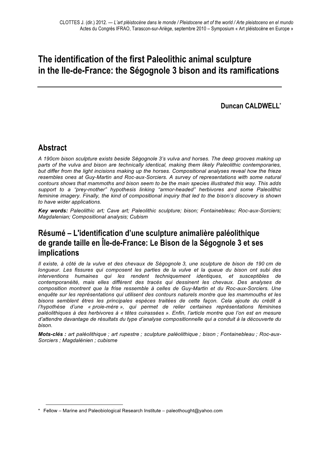 The Identification of the First Paleolithic Animal Sculpture in the Ile-De-France: the Ségognole 3 Bison and Its Ramifications