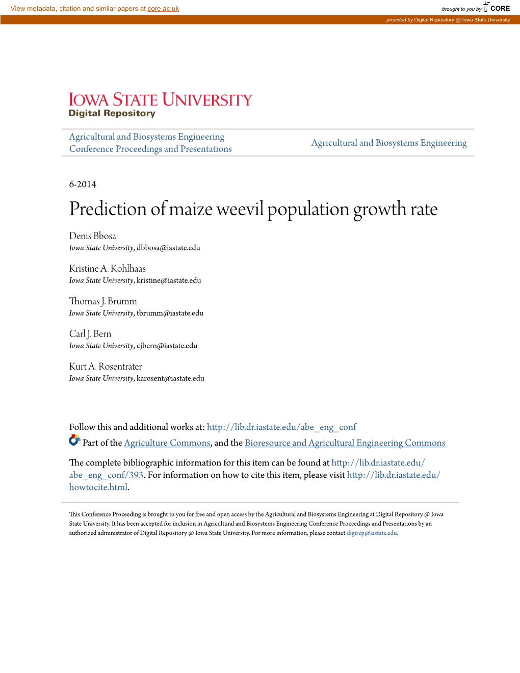 Prediction of Maize Weevil Population Growth Rate Denis Bbosa Iowa State University, Dbbosa@Iastate.Edu