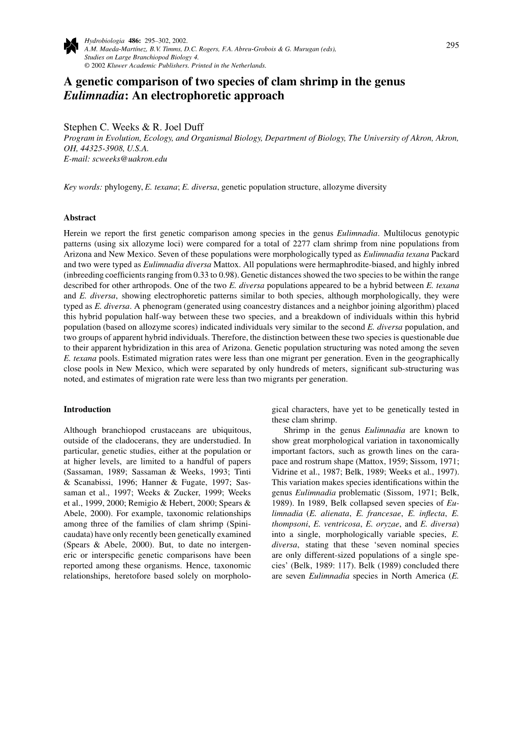 A Genetic Comparison of Two Species of Clam Shrimp in the Genus Eulimnadia: an Electrophoretic Approach