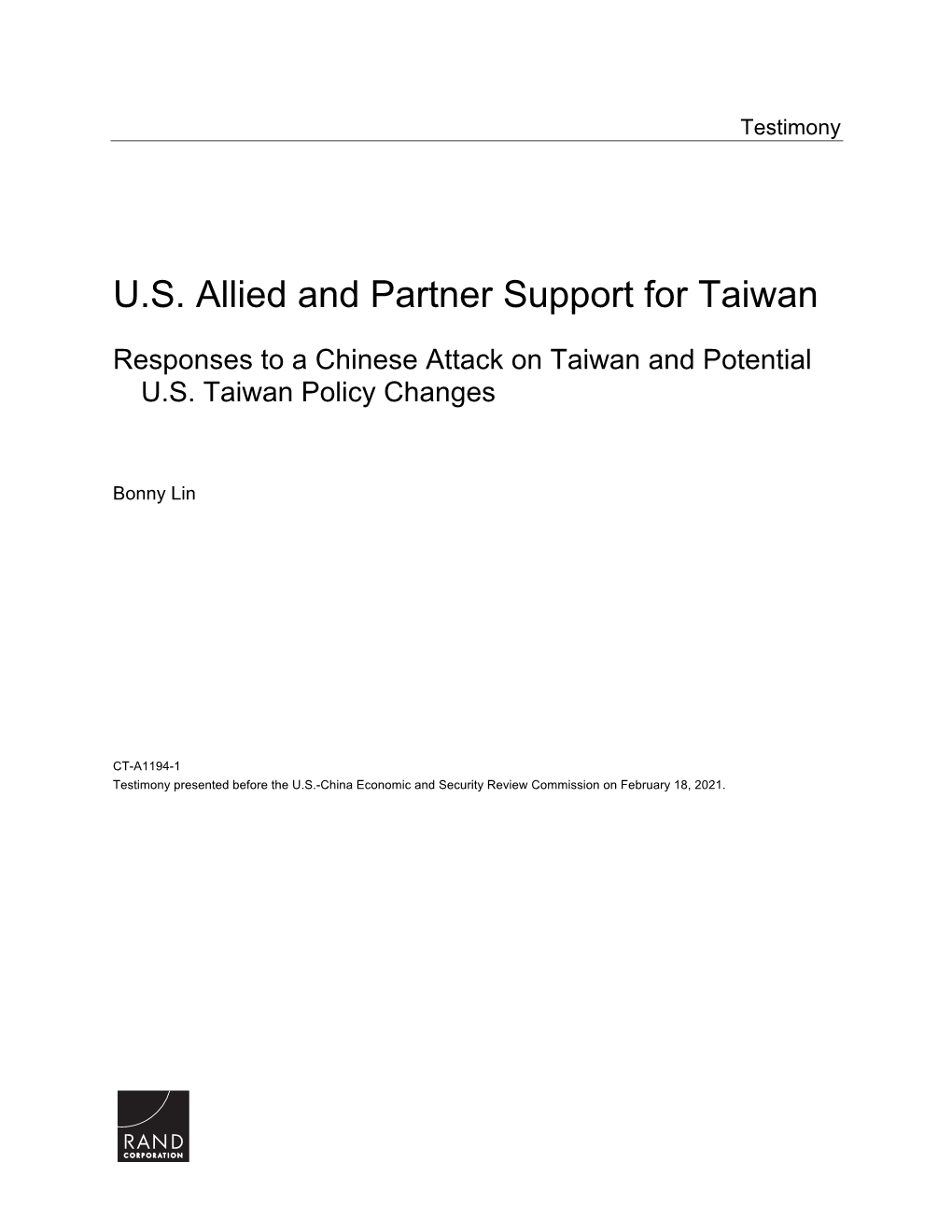 US Allied and Partner Support for Taiwan