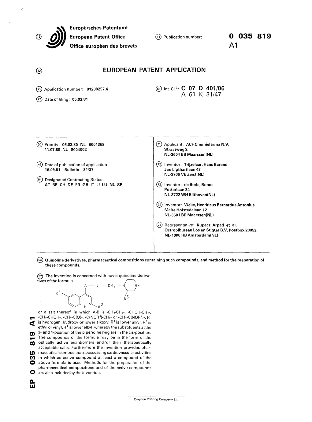 Quinoline Derivatives, Pharmaceutical Compositions Containing Such Compounds, and Method for the Preparation of These Compounds