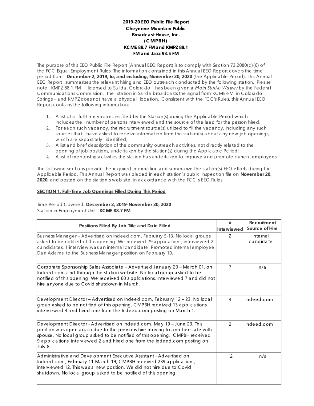 EEO Public File Report Cheyenne Mountain Public Broadcast House, Inc