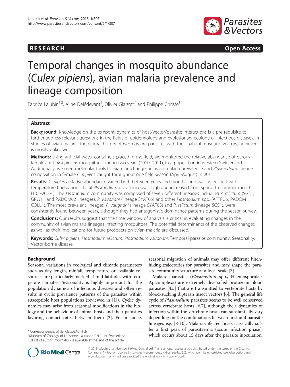 Culex Pipiens), Avian Malaria Prevalence and Lineage Composition Fabrice Lalubin1,2, Aline Delédevant1, Olivier Glaizot2* and Philippe Christe1