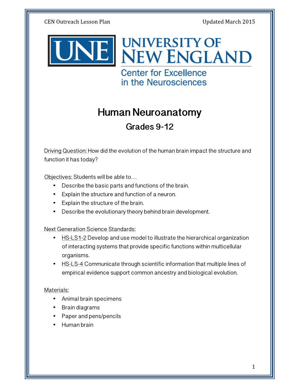 Human Neuroanatomy Grades 9-12