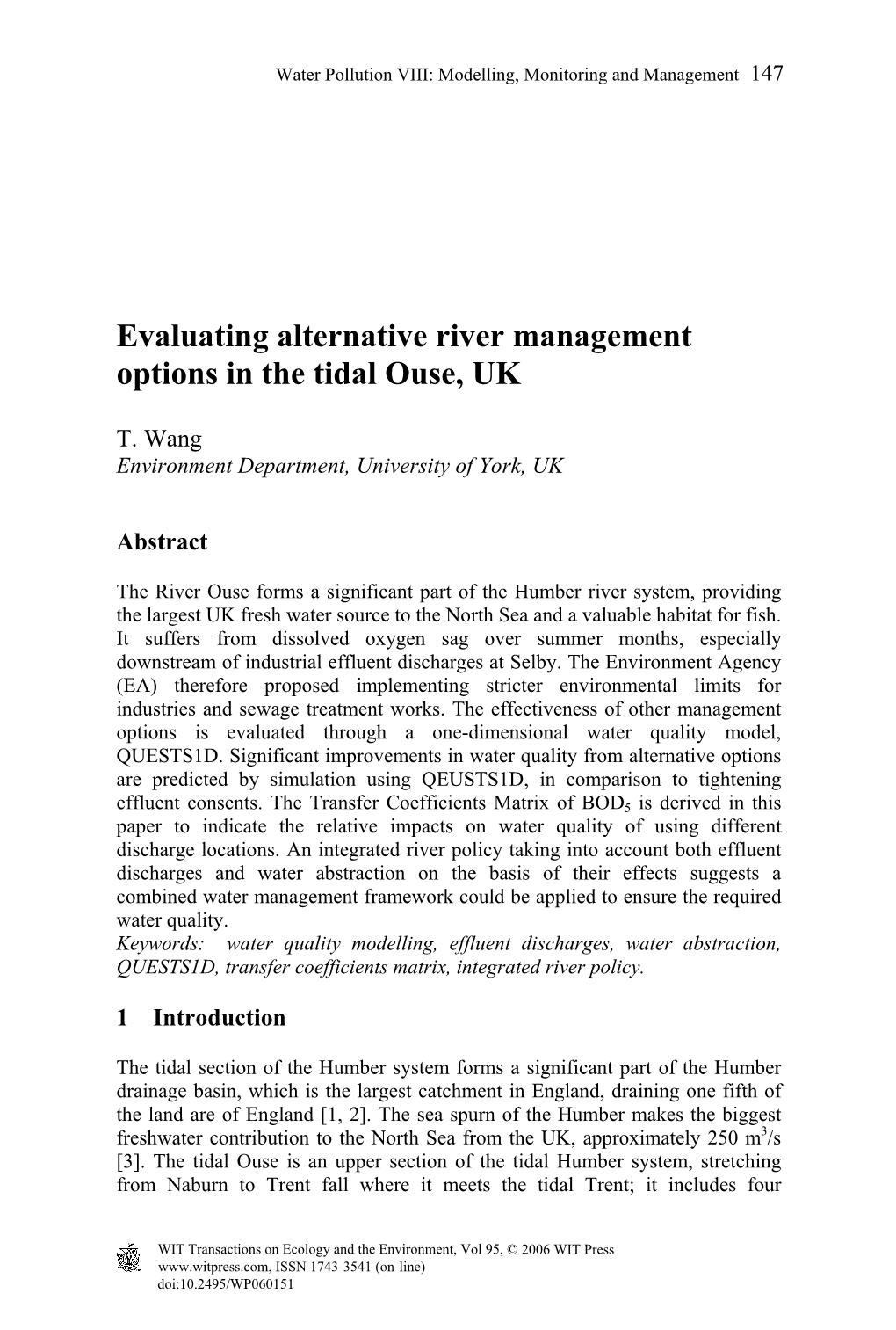 Evaluating Alternative River Management Options in the Tidal Ouse, UK