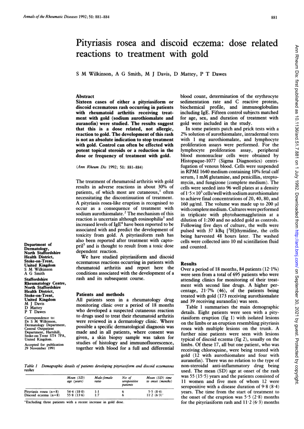 Pityriasis Rosea and Discoid Eczema: Dose Related Ann Rheum Dis: First Published As 10.1136/Ard.51.7.881 on 1 July 1992