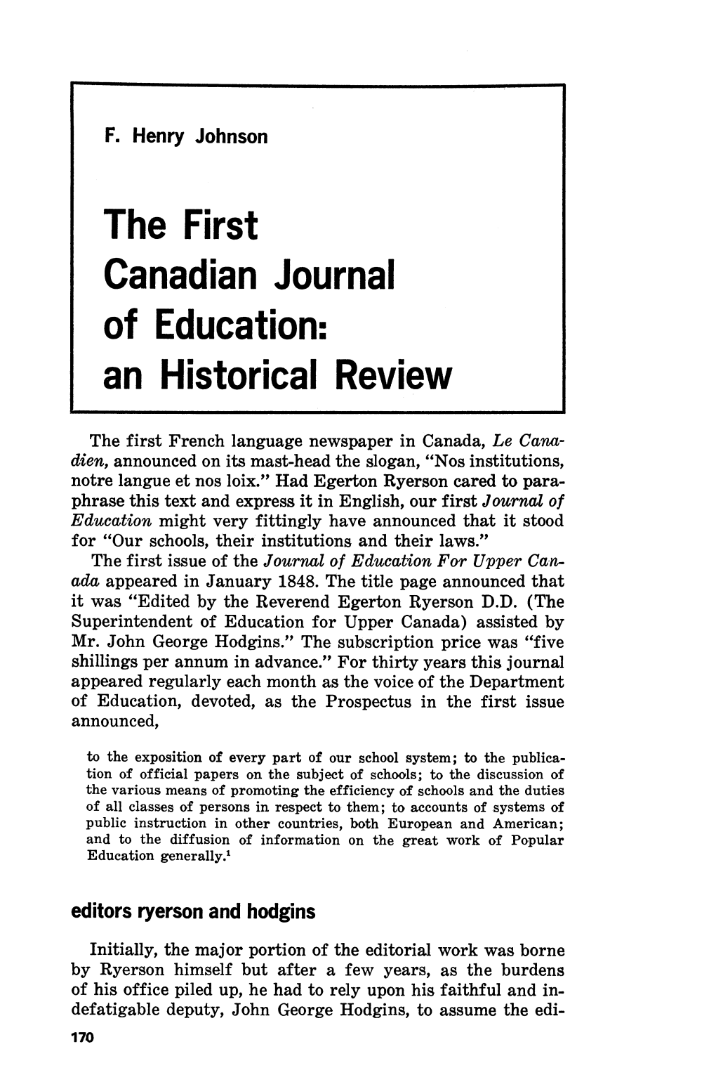 The First Canadian Journal of Education: an Historical Review