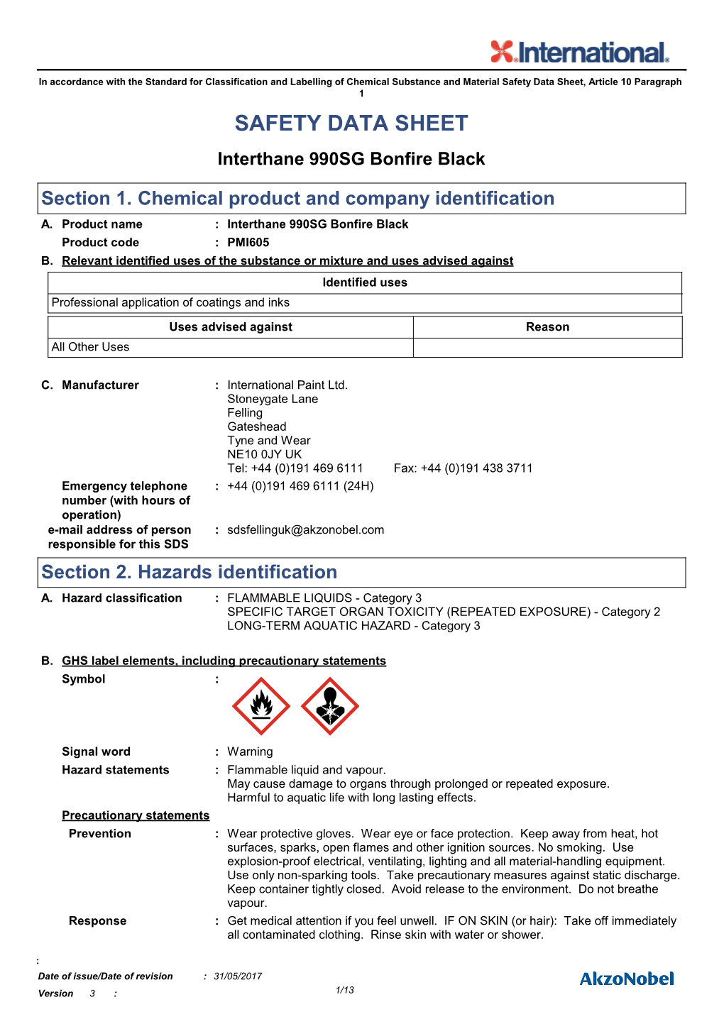 Safety Data Sheet, Article 10 Paragraph 1 SAFETY DATA SHEET Interthane 990SG Bonfire Black