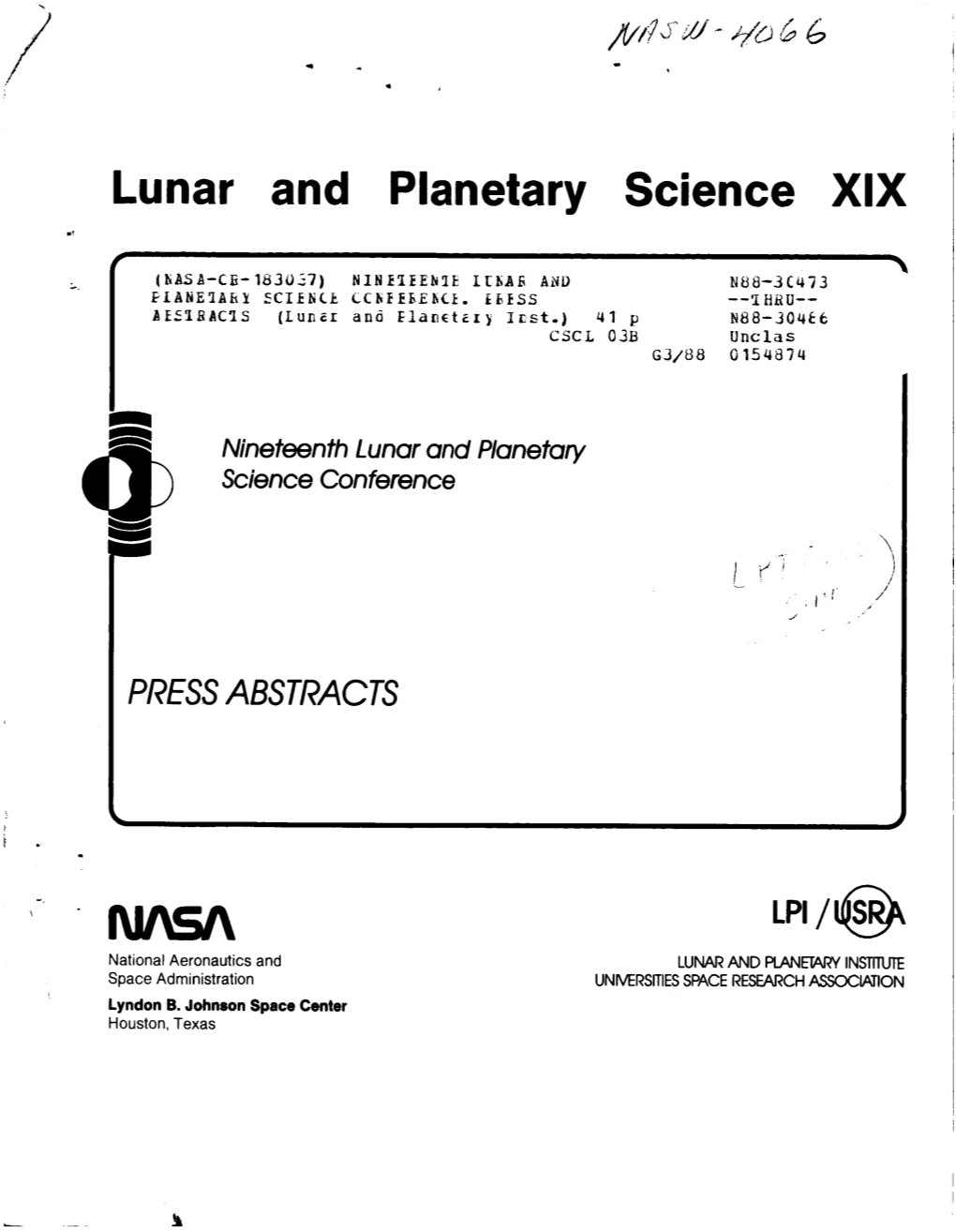 LPI /Qsrj National Aeronautics and LUNAR and PLANEMY INSTITUTE Space Administration UNIVERSITIES SPACE RESEARCH ASSOCWON Lyndon B