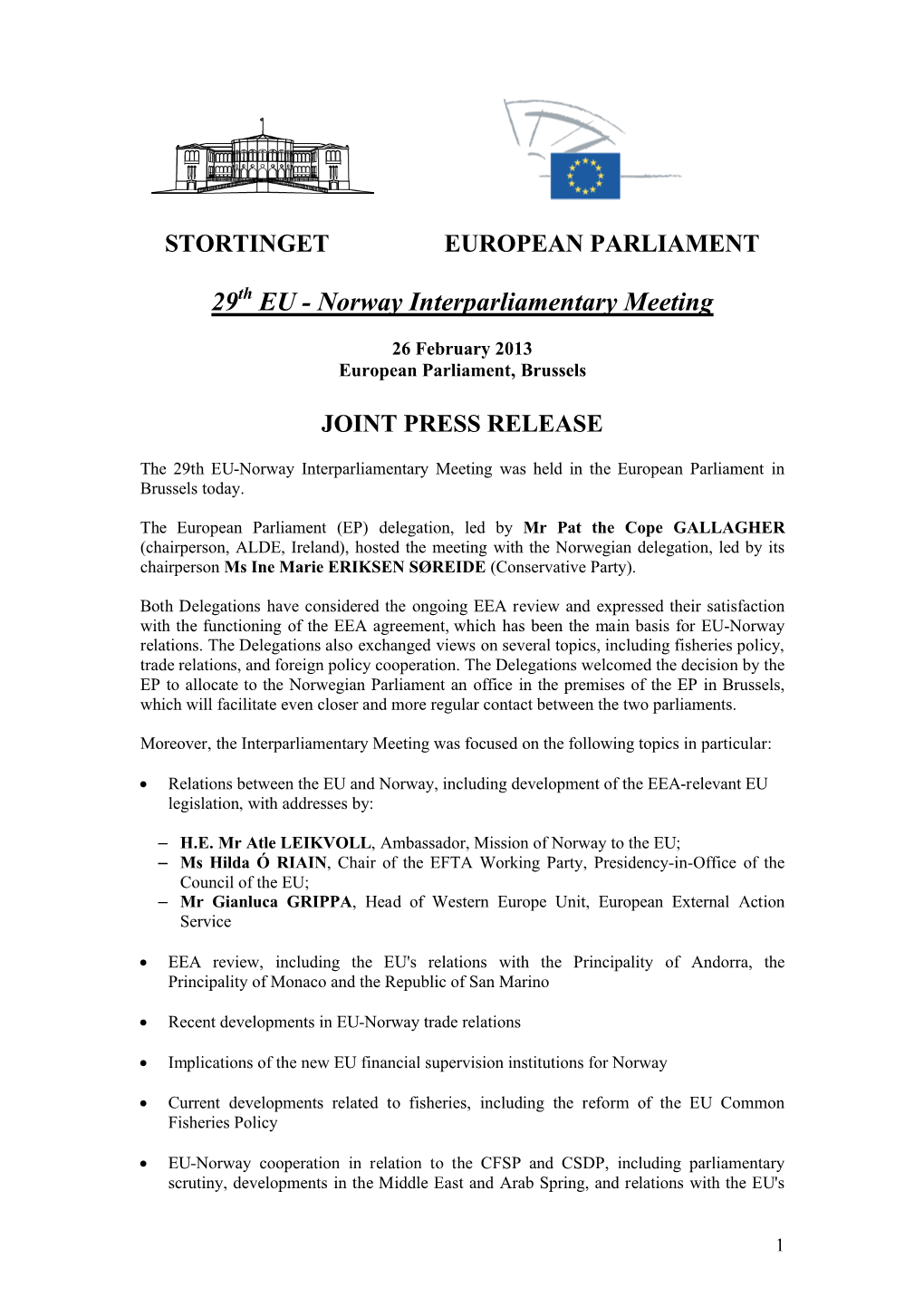 29Th EU - Norway Interparliamentary Meeting