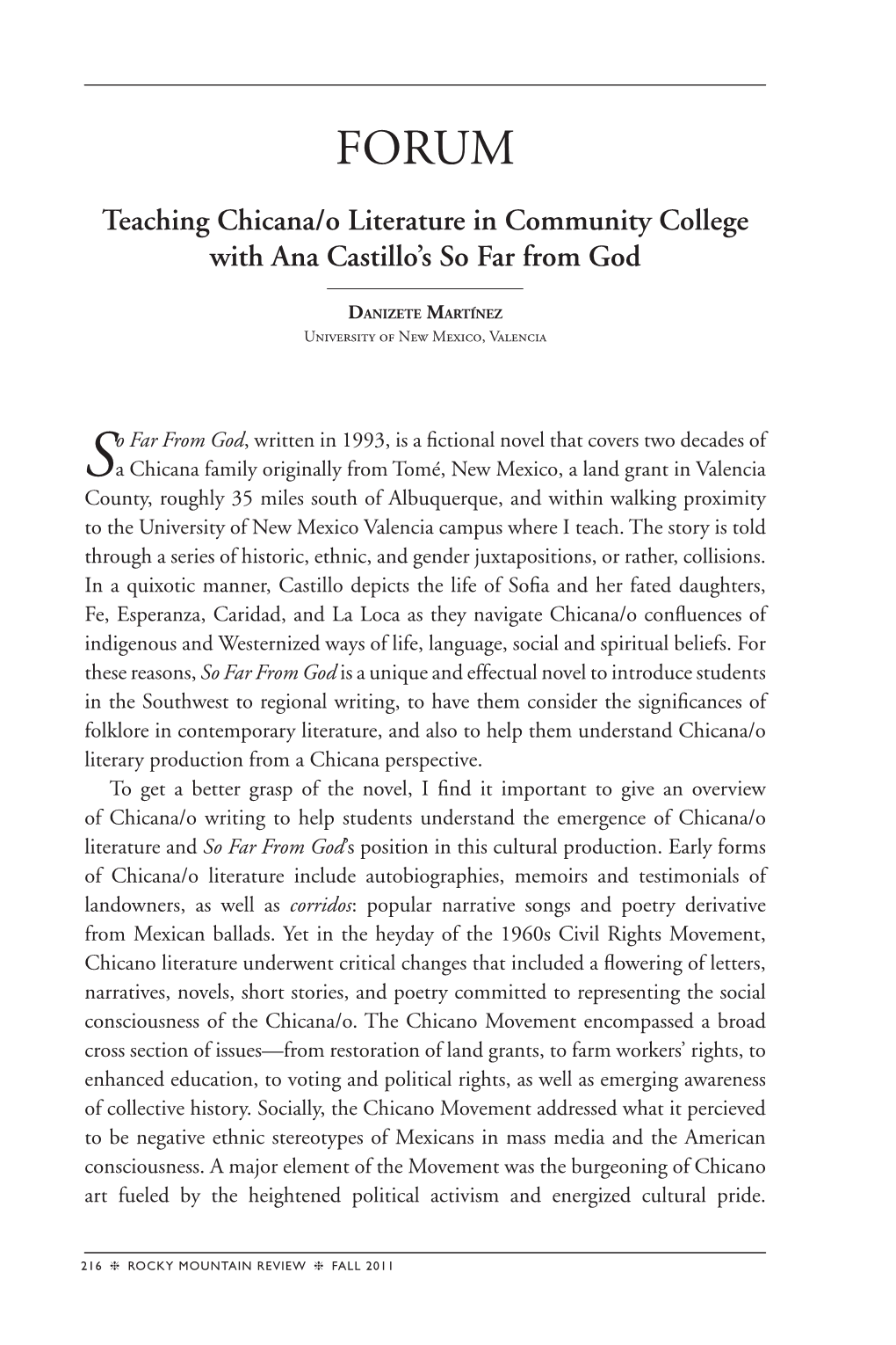 Teaching Chicana/O Literature in Community College with Ana Castillo's So Far From