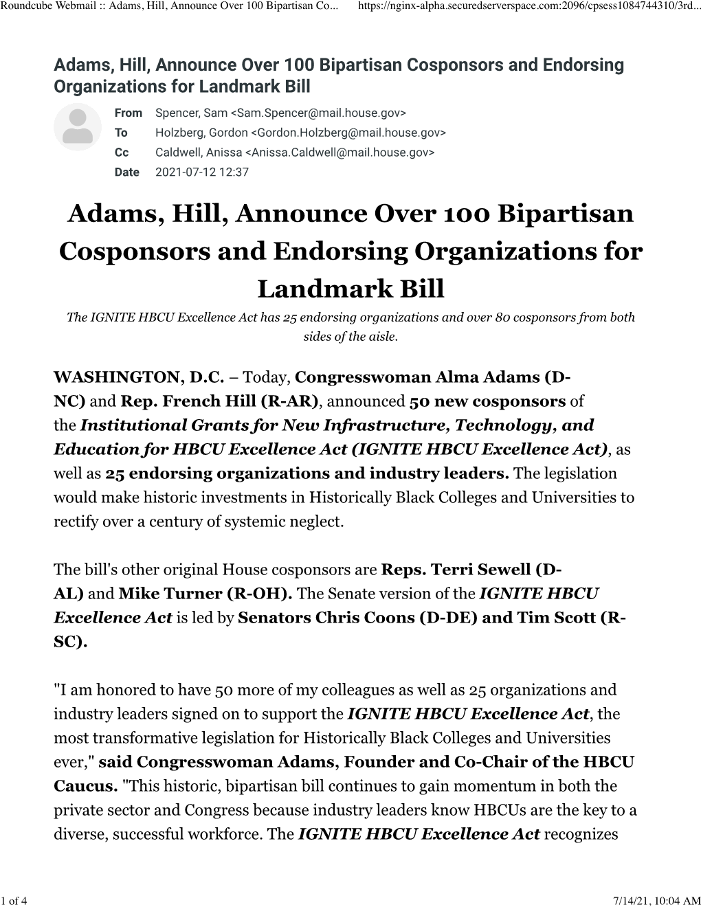 Roundcube Webmail :: Adams, Hill, Announce Over 100 Bipartisan Cosponsors and Endorsing Organizations for Landmark Bill