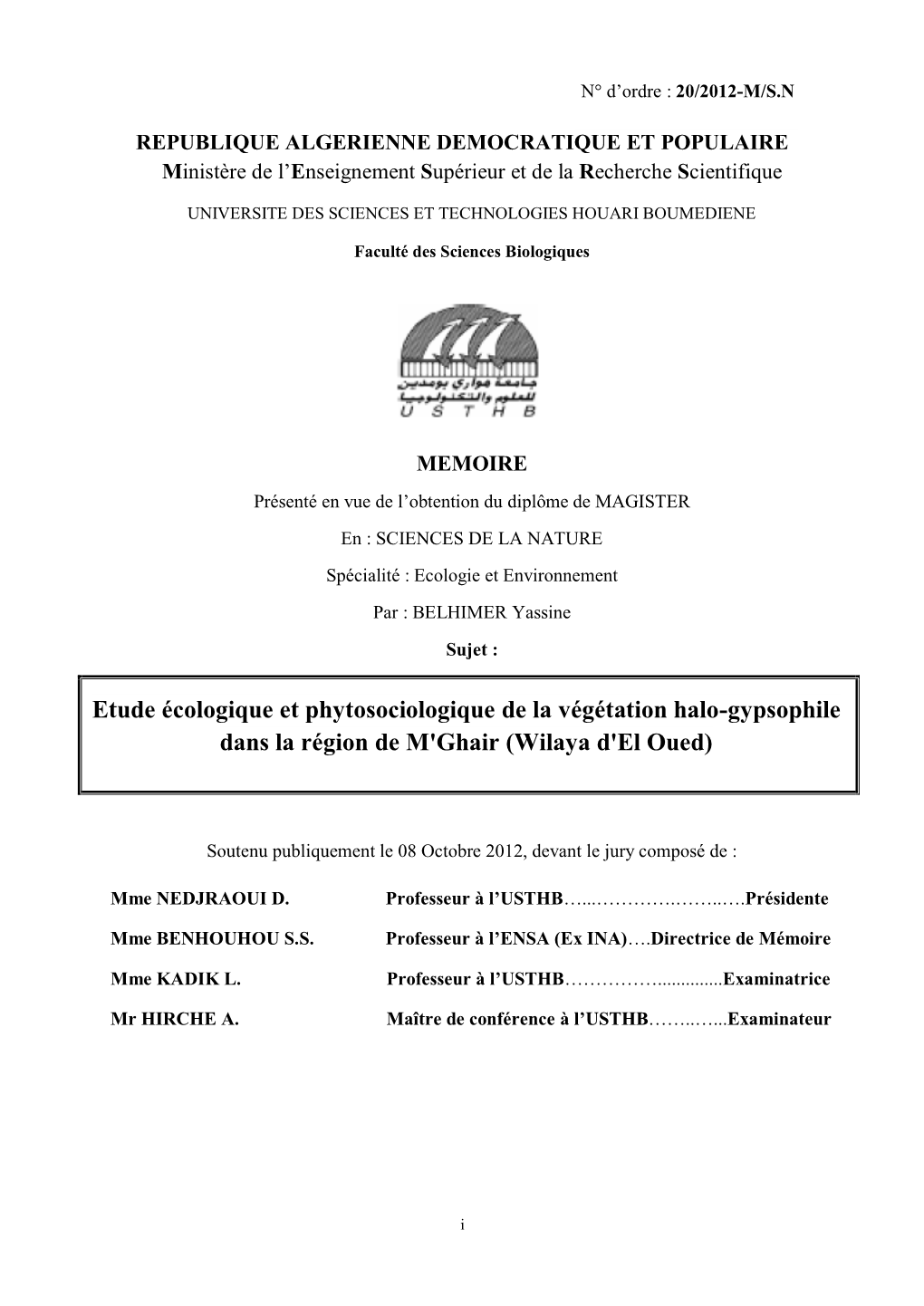 Etude Écologique Et Phytosociologique De La Végétation Halo-Gypsophile Dans La Région De M'ghair (Wilaya D'el Oued)