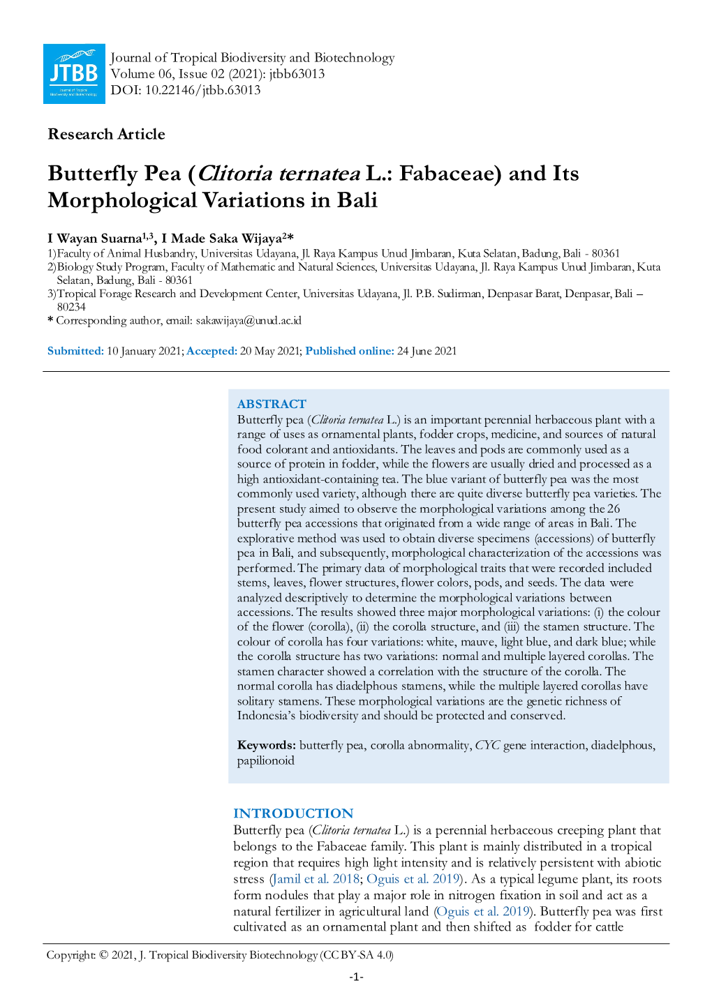 Butterfly Pea (Clitoria Ternatea L.: Fabaceae) and Its Morphological Variations in Bali