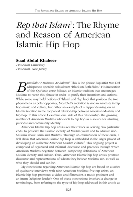 Rep That Islam1: the Rhyme and Reason of American Islamic Hip