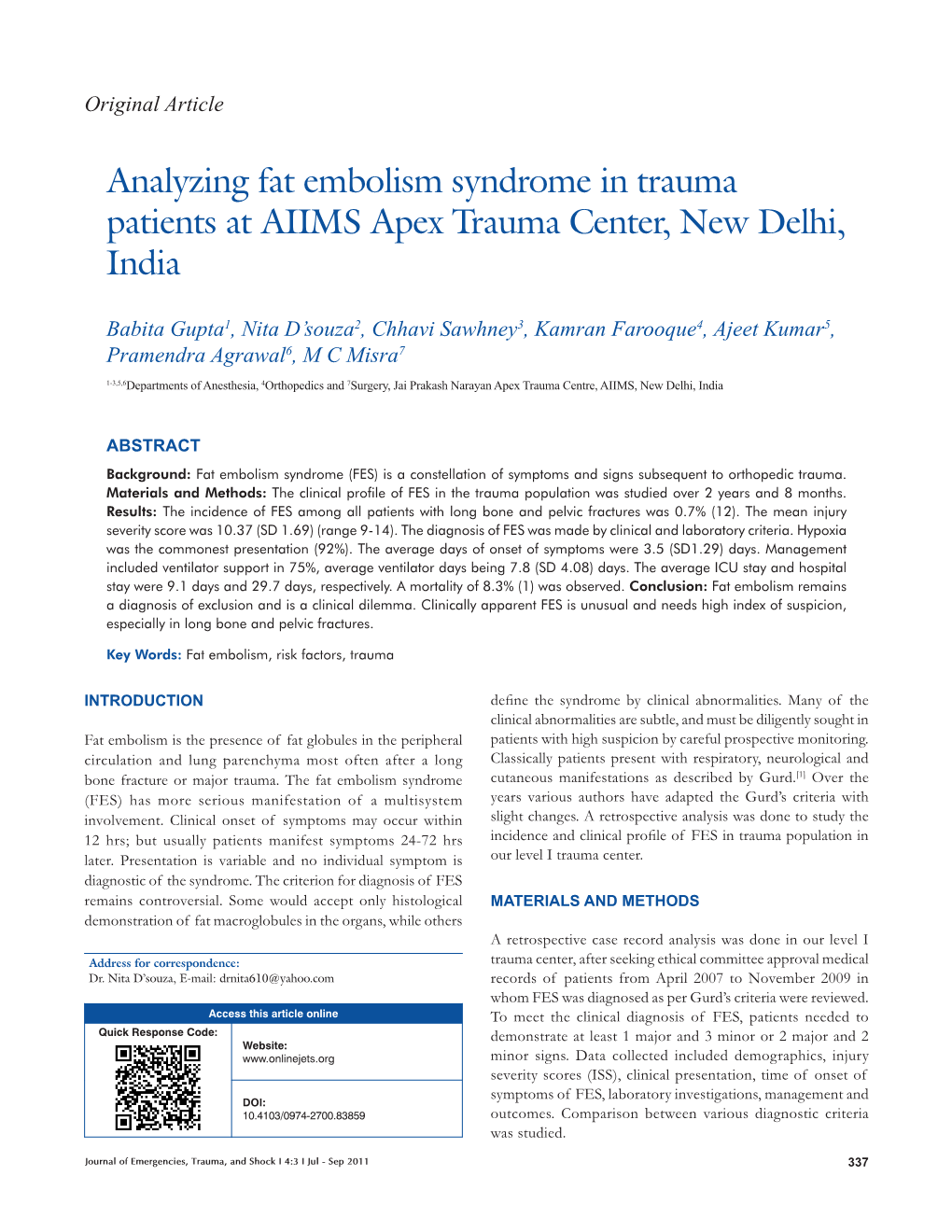 Analyzing Fat Embolism Syndrome in Trauma Patients at AIIMS Apex Trauma Center, New Delhi, India